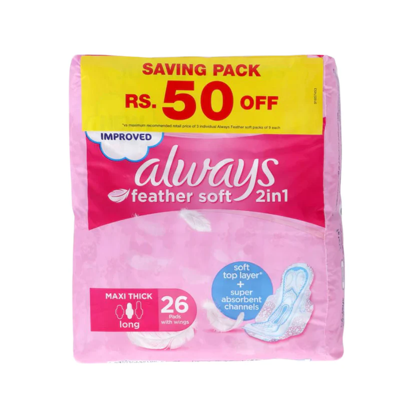 AFP-000296527_551797ef-ad39-4500-a67f-dbb25d8e1fcf ALWAYS FEATHER SOFT PAD 2IN1 MAXI THICK LONG 26 PCS - Image 1